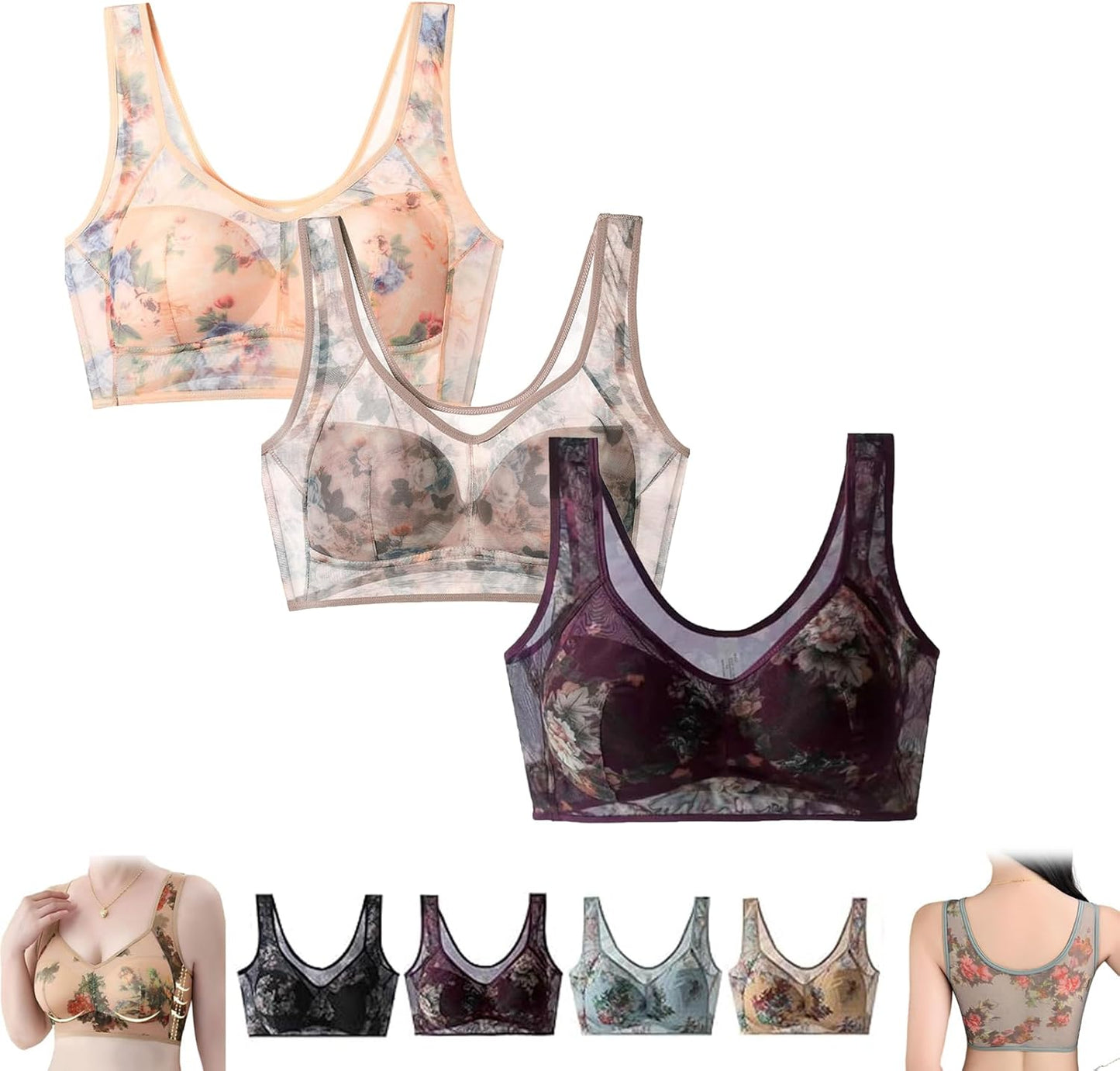 Elle Bloom Ice Silk Lace Bra,Wireless,Pushup,Seamless Bra